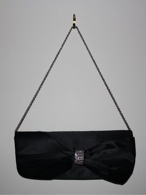 Elegant Black Satin Bow Clutch with Chain Strap